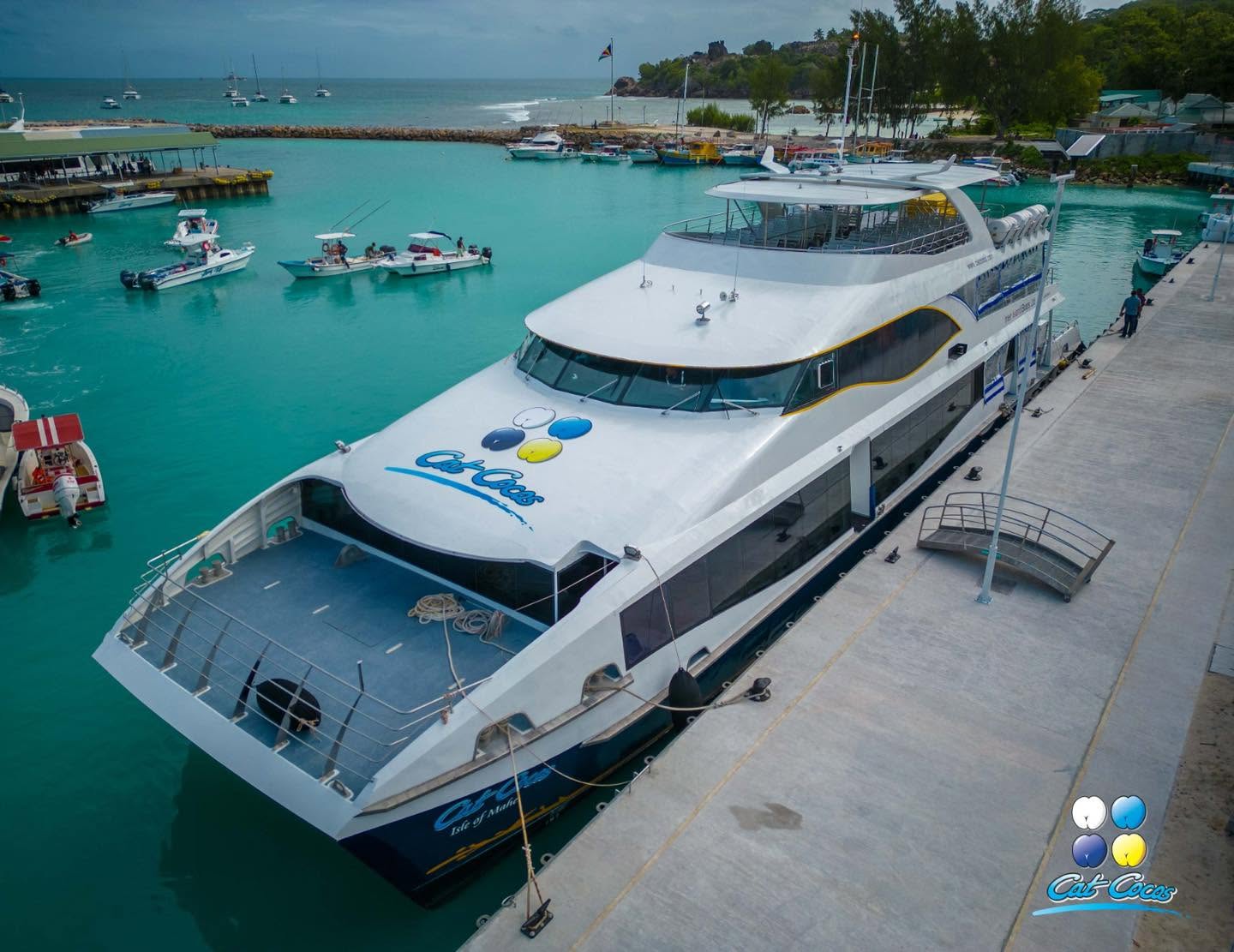Cat Cocos fast ferry arriving at Praslin jetty, Seychelles
