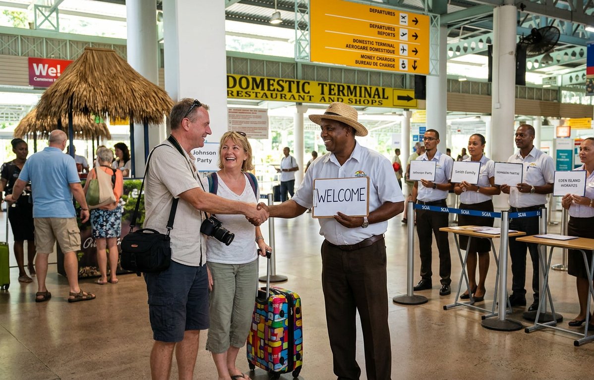 Licensed SeyBooking driver in a straw hat holding a welcome name board, greeting arriving guests at Seychelles International Airport